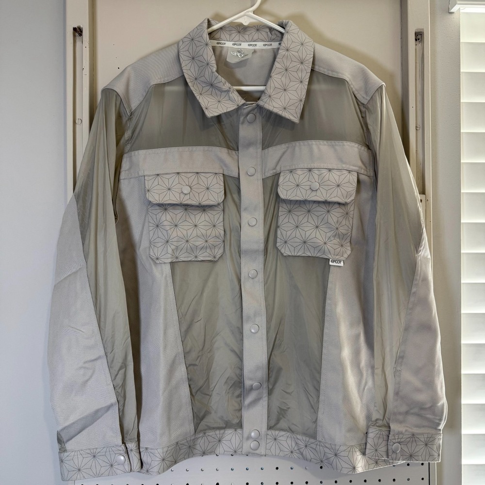 Disney EPCOT Spaceship Earth Reflective Jacket Men's XL‎ Gray Asanoha Print Snap